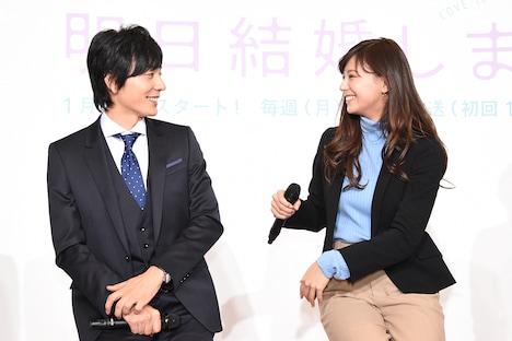 左から山村隆太(flumpool)、西内まりや。