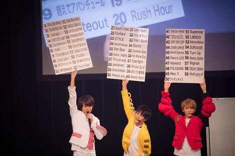 楽曲リストを8号車に見せる（左から）タカシ、ユースケ、ユーキ。（撮影：米山三郎）