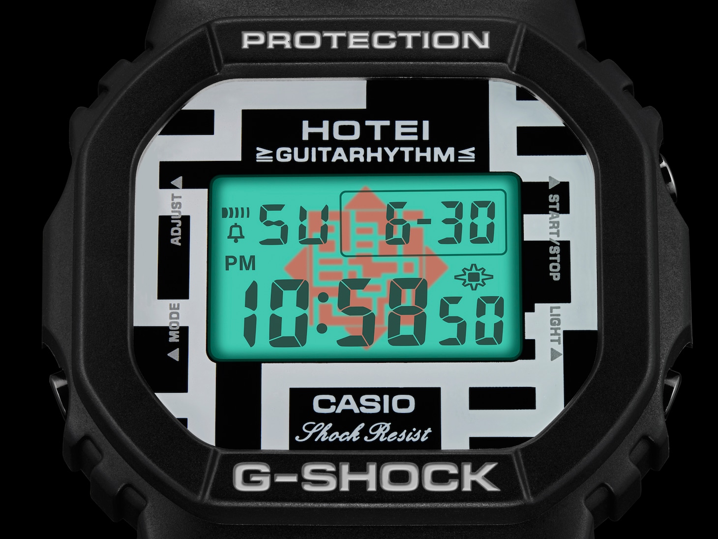 「HOTEI 35th ANNIVERSARY G-SHOCK GUITARHYTHM MODEL」盤面見本（ELバックライト点灯時）