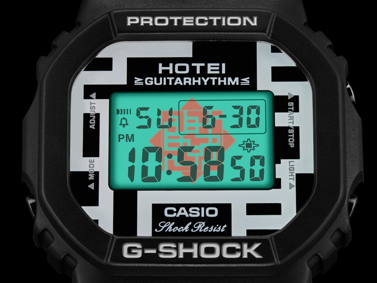 「HOTEI 35th ANNIVERSARY G-SHOCK GUITARHYTHM MODEL」盤面見本（ELバックライト点灯時）