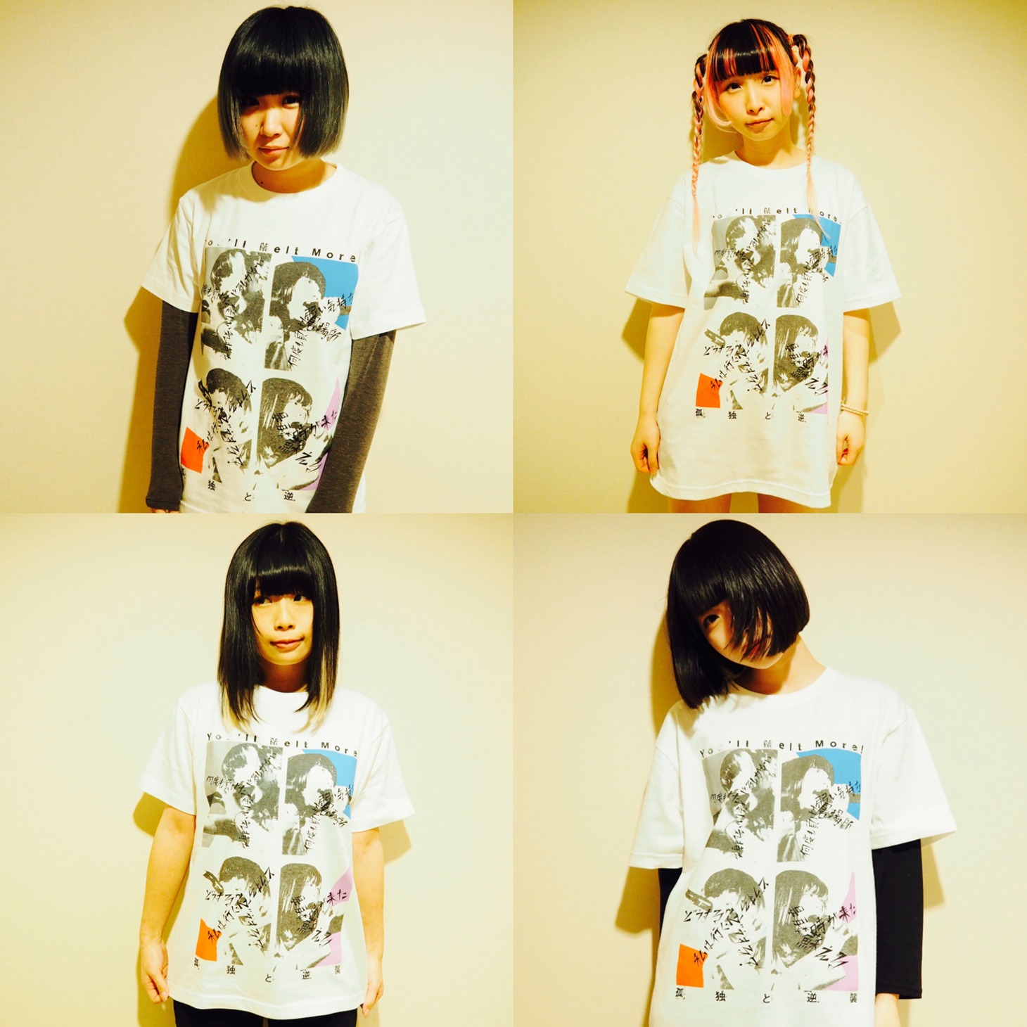 ツアーグッズのメンバー写真Tシャツを着用したゆるめるモ！。