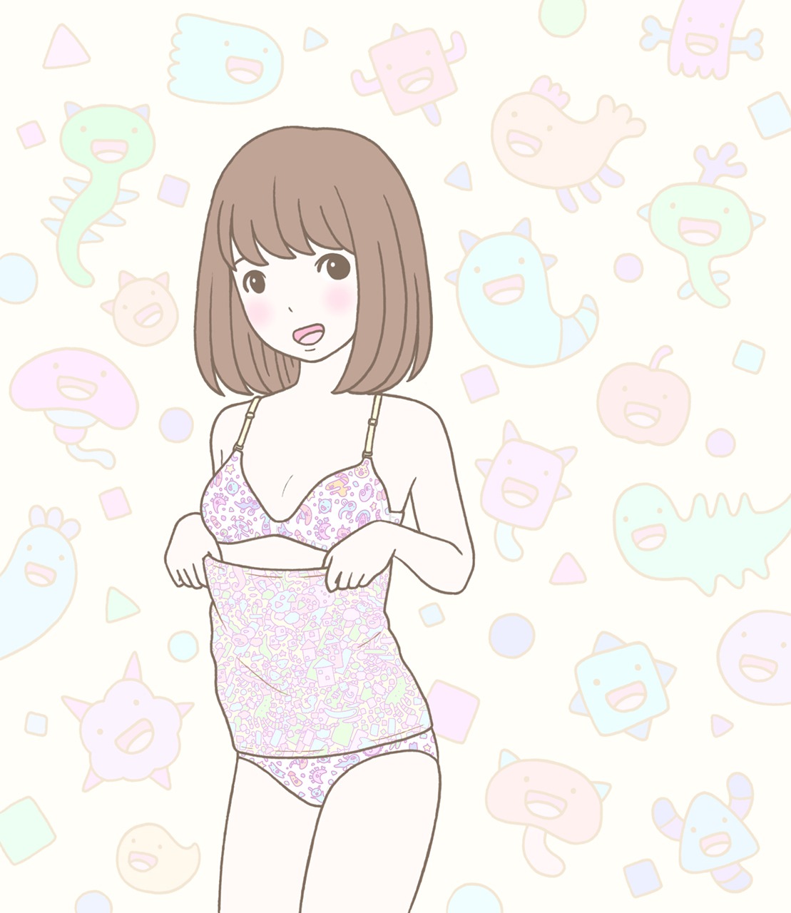 徳田有希によるノンワイヤーブラとショーツのイラスト「モンスター、変な動物たち」。