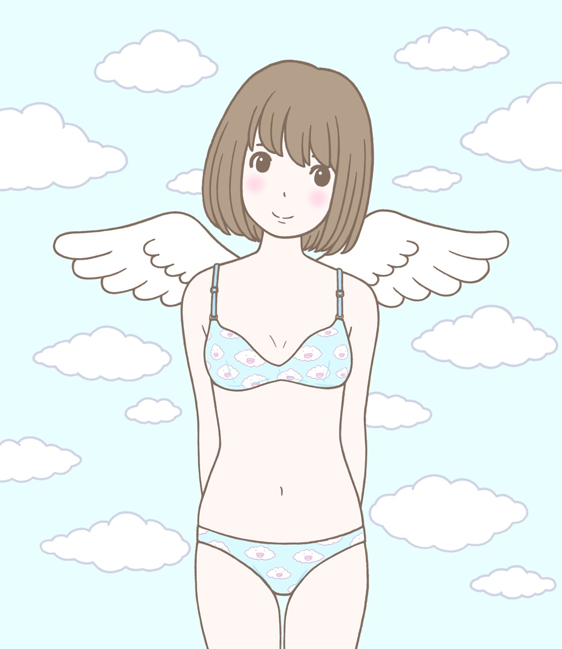 徳田有希によるノンワイヤーブラとショーツのイラスト「雲、青空」。