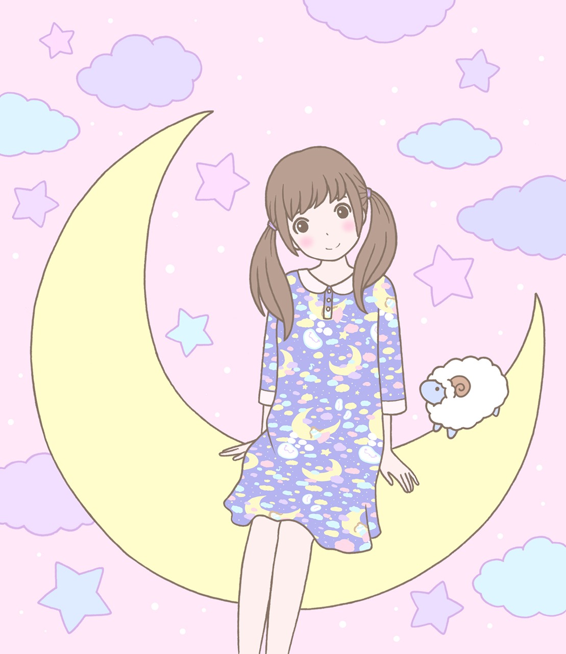 徳田有希によるパジャマのイラスト「夢の中、女の子と三日月」。