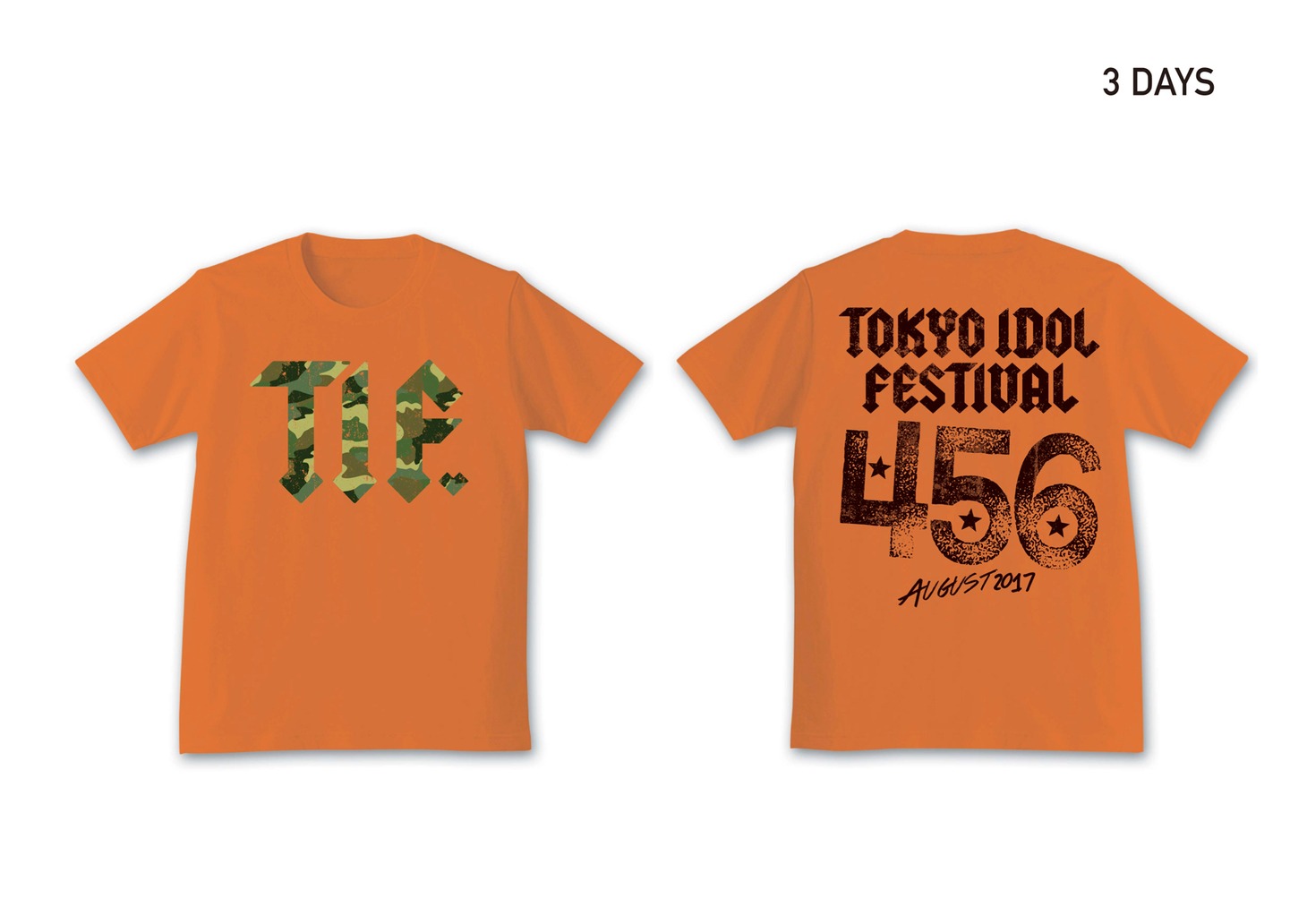 「TOKYO IDOL FESTIVAL 2017」限定ステージ観覧可能オリジナルTシャツ付き入場券、3日通し入場券のTシャツデザイン。