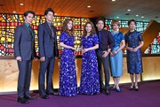 左から武田真治、伊礼彼方、平原綾香、水樹奈々、中川晃教、ソニン、剣幸。