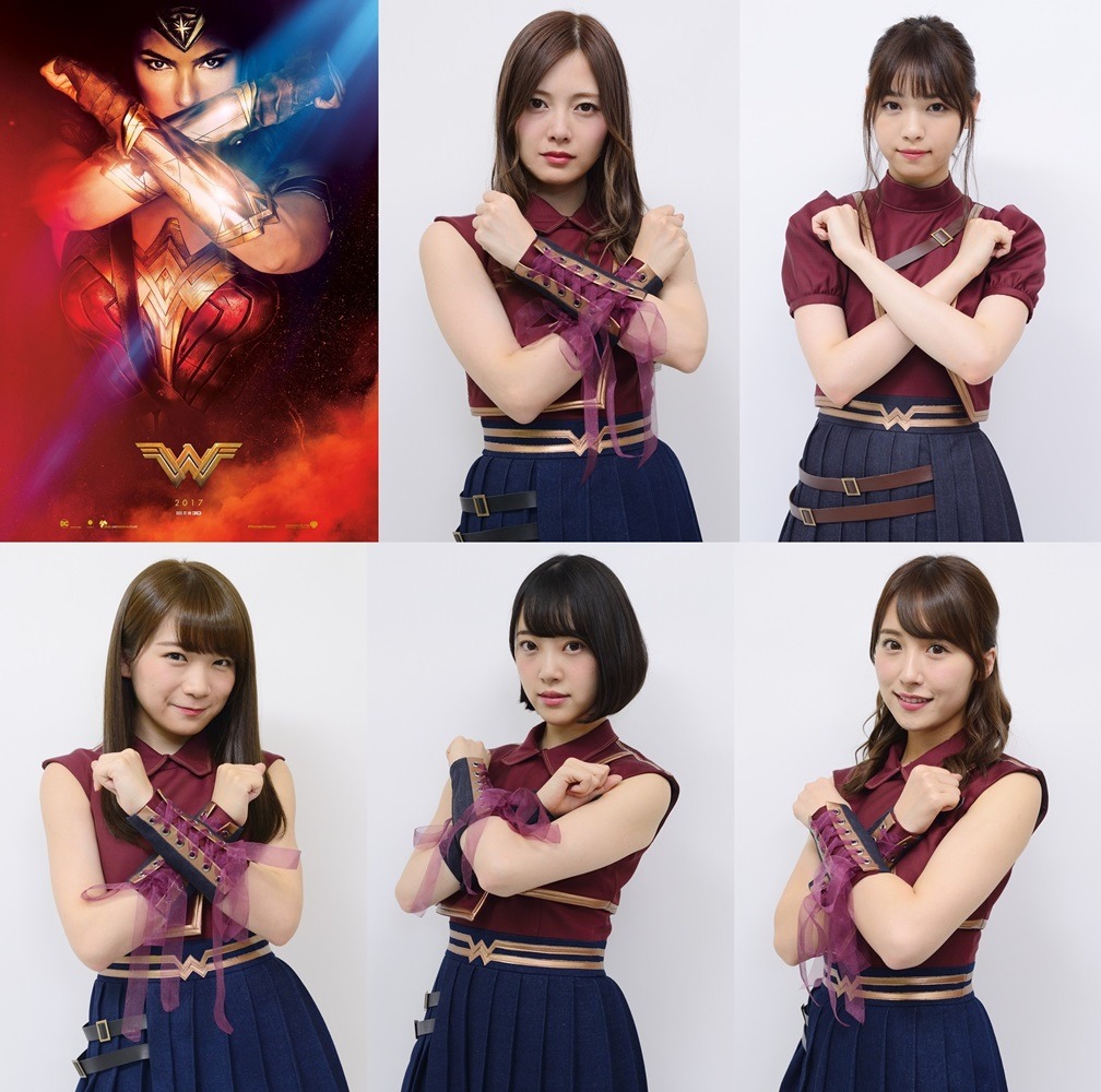 左上から時計回りに「ワンダーウーマン」ビジュアル、白石麻衣、西野七瀬、衛藤美彩、堀未央奈、秋元真夏。