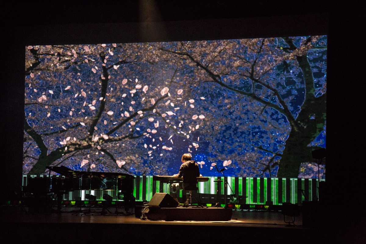 ピアノプロジェクションと共に「sakura wishes」を演奏するまらしぃ。（撮影：石阪大輔）