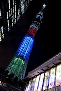 「スリーアギトス」カラーにライトアップされた東京スカイツリー。