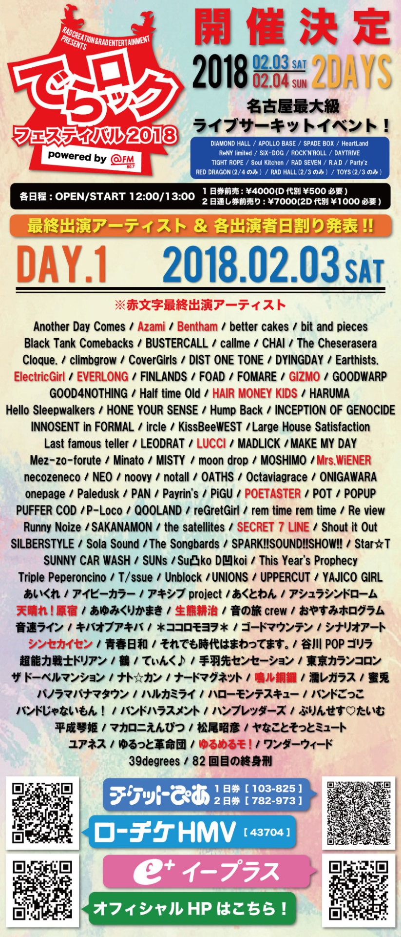 「でらロックフェスティバル2018」2月3日の出演者一覧。