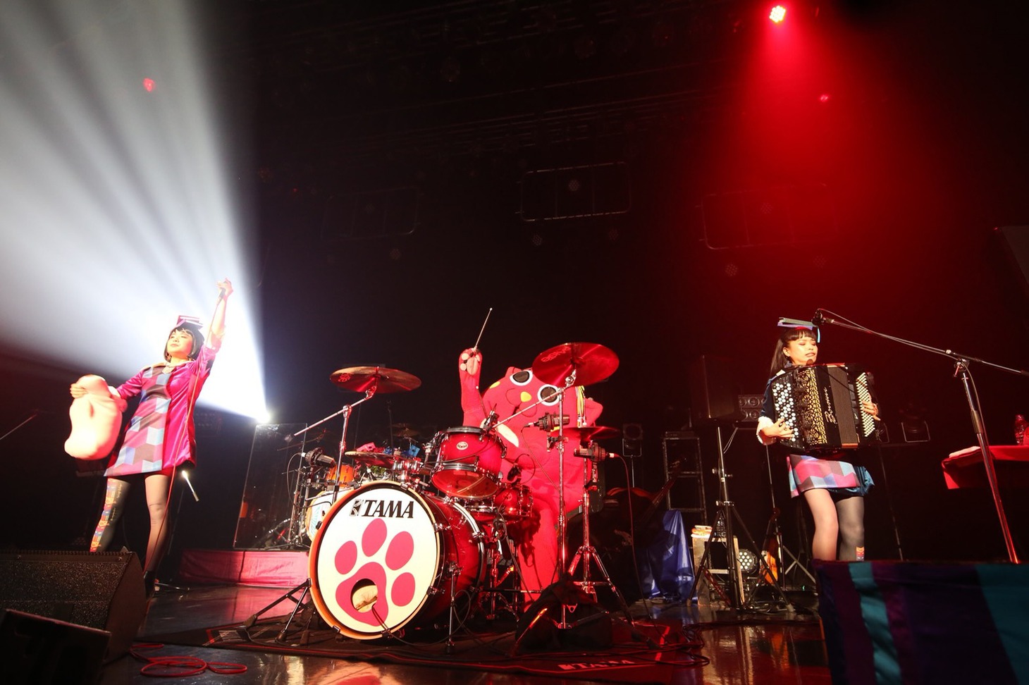 左からもも（Vo）、にゃんごすたー（Dr）、小春（Accordion）。（写真提供：エイベックス）