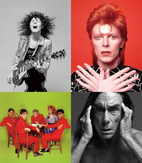 左上から時計回りに、マーク・ボラン、デヴィッド・ボウイ、イギー・ポップ、YMO。(c) All the photos by SUKITA. All rights reserved
