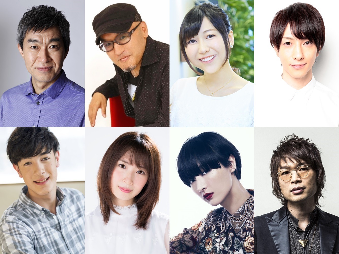 上段左から時計回りにチョー、立木文彦、安野希世乃、鈴木拡樹、茂木欣一、シシド・カフカ、高柳明音、カイミ。