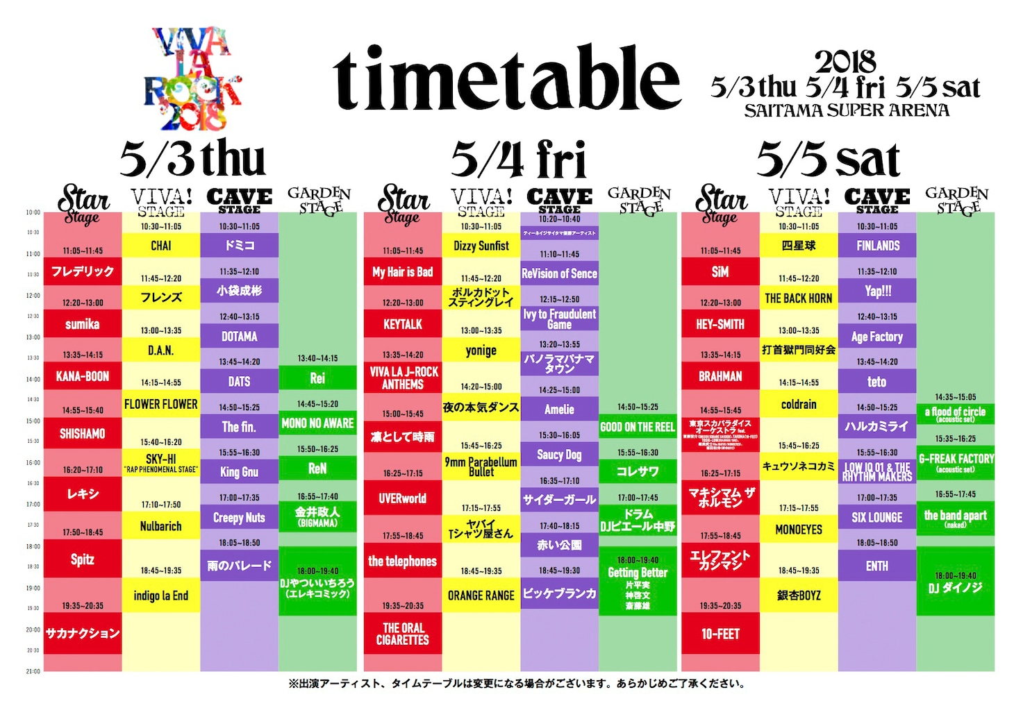 「VIVA LA ROCK 2018」タイムテーブル