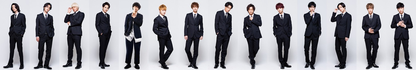 「PRINCE OF LEGEND」キャスト。左からこだまたいち、遠藤史也、関口メンディー、町田啓太、清原翔、佐野玲於、片寄涼太、鈴木伸之、川村壱馬、吉野北人、飯島寛騎、塩野瑛久、藤原樹、長谷川慎。