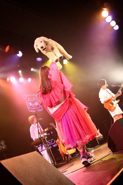 犬のぬいぐるみを持って歌うコレサワ。（撮影：小坂茂雄）