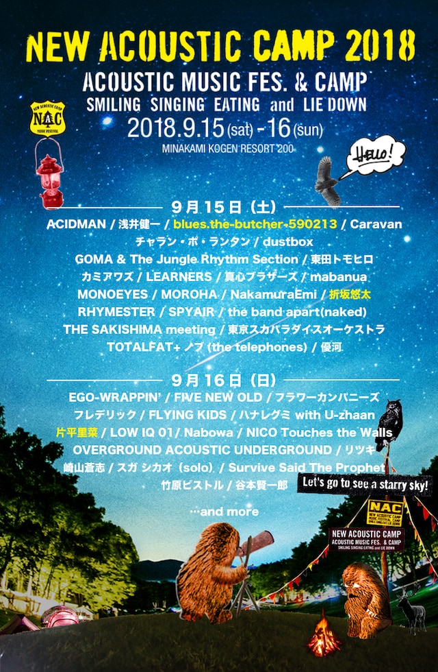 「New Acoustic Camp 2018 ～わらう、うたう、たべる、ねっころがる。～」第５弾アーティスト告知ビジュアル