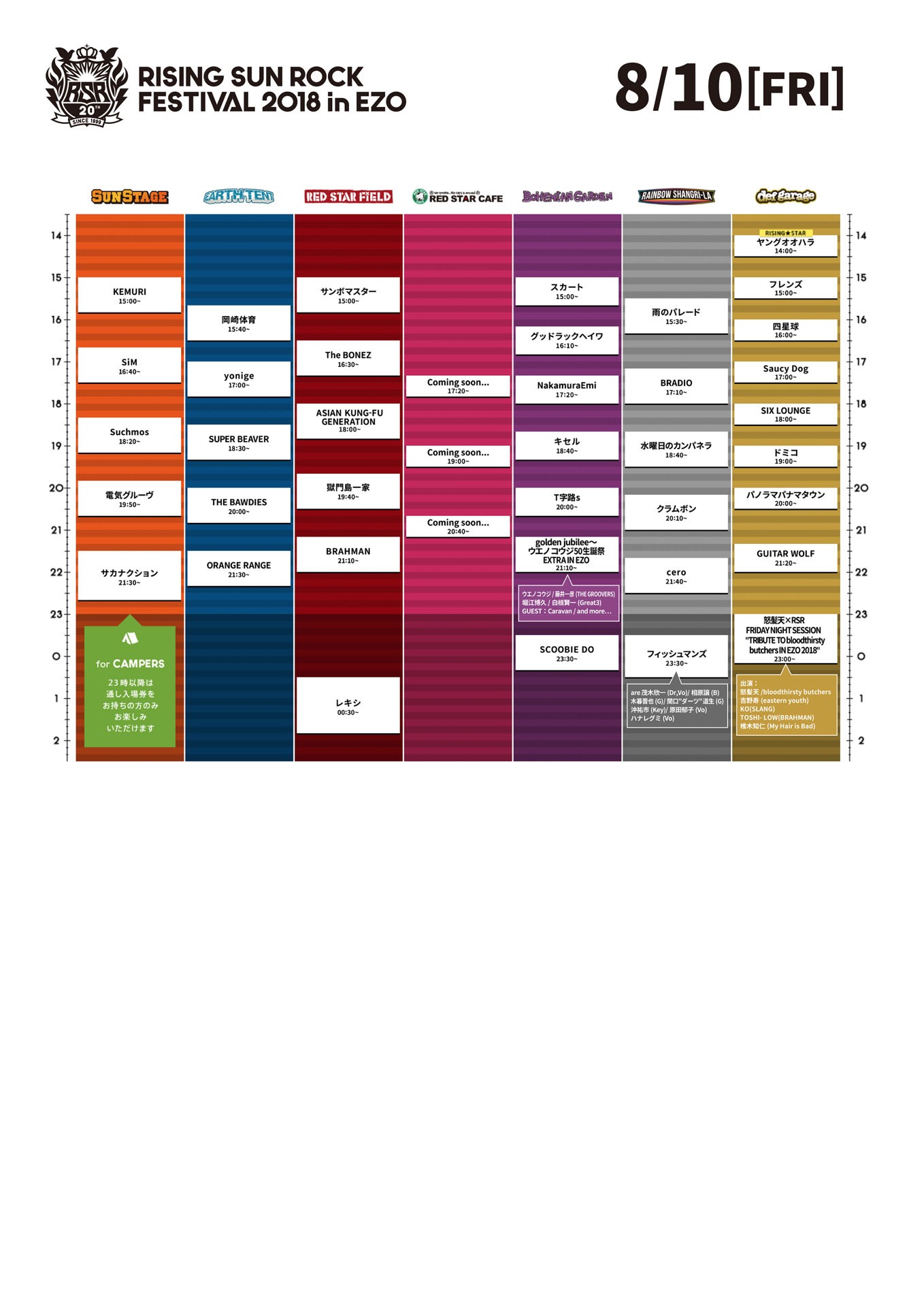 「RISING SUN ROCK FESTIVAL 2018 in EZO」8月10日タイムテーブル