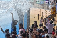 イルカショーで豪快に水を浴びるRG。