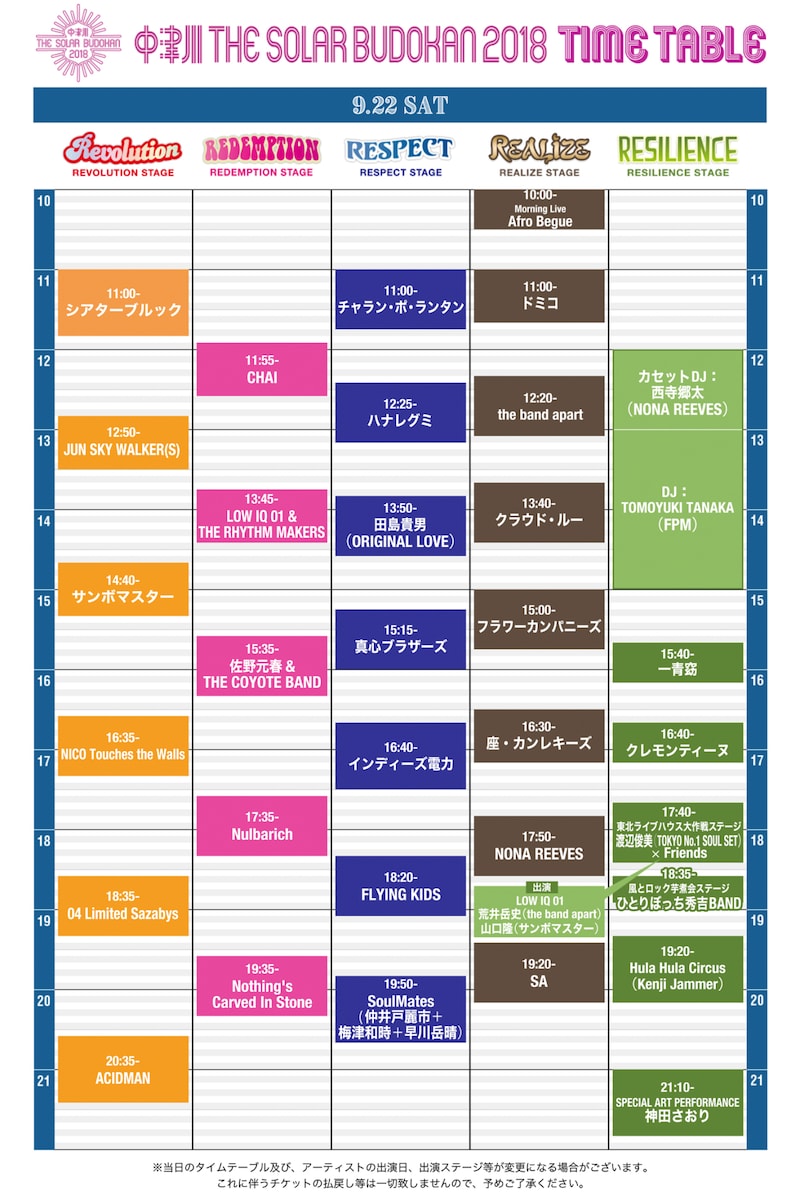 「中津川 THE SOLAR BUDOKAN 2018」9月22日公演タイムテーブル