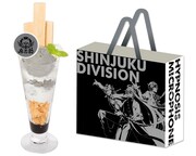 コラボフード「麻天狼 -摩天楼パフェ-」とショップバック。