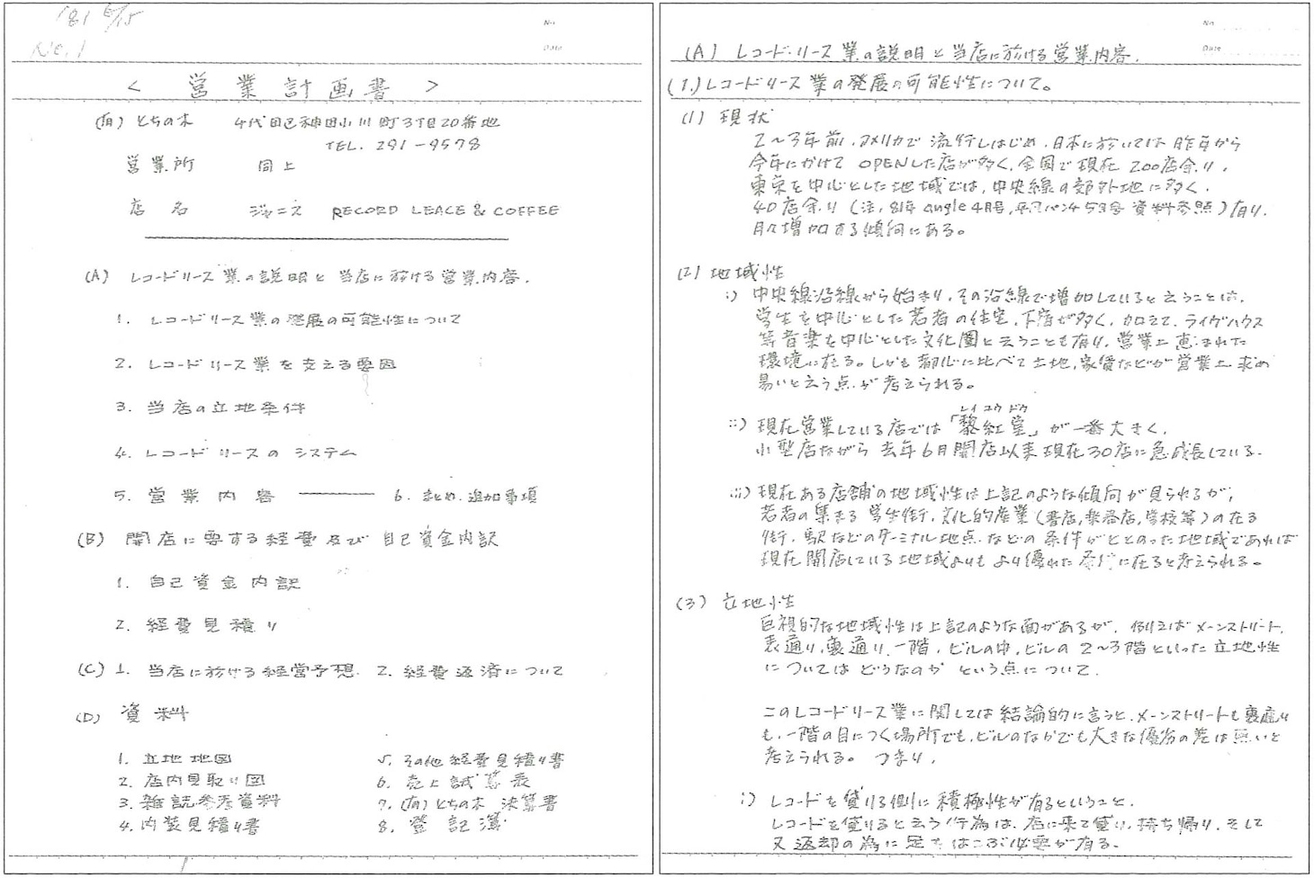 融資申し込みのため銀行に提出された営業計画書。冊子「鈴木健治 追悼集 鈴木健治さんが生きた貸レコードの時代とは何だったのか」より。