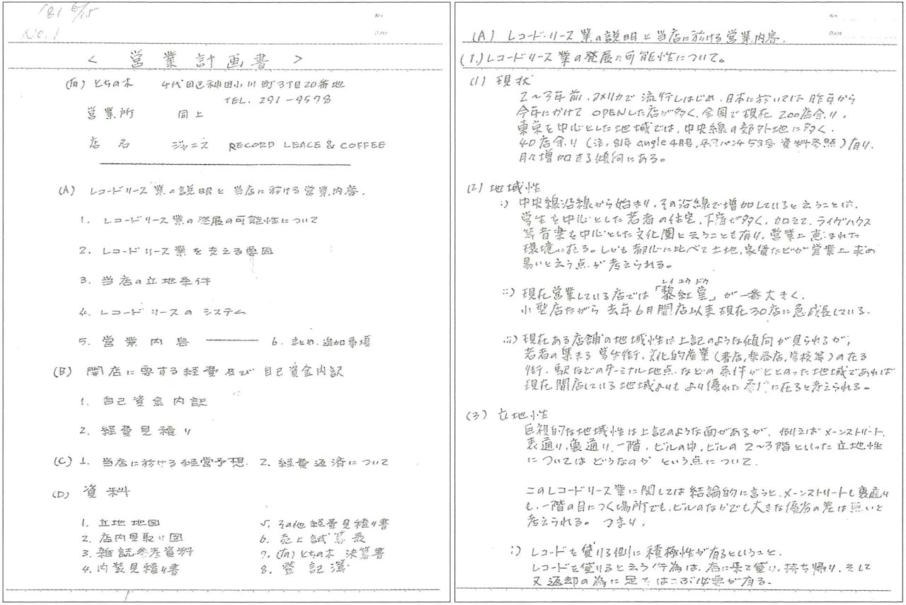 融資申し込みのため銀行に提出された営業計画書。冊子「鈴木健治 追悼集 鈴木健治さんが生きた貸レコードの時代とは何だったのか」より。