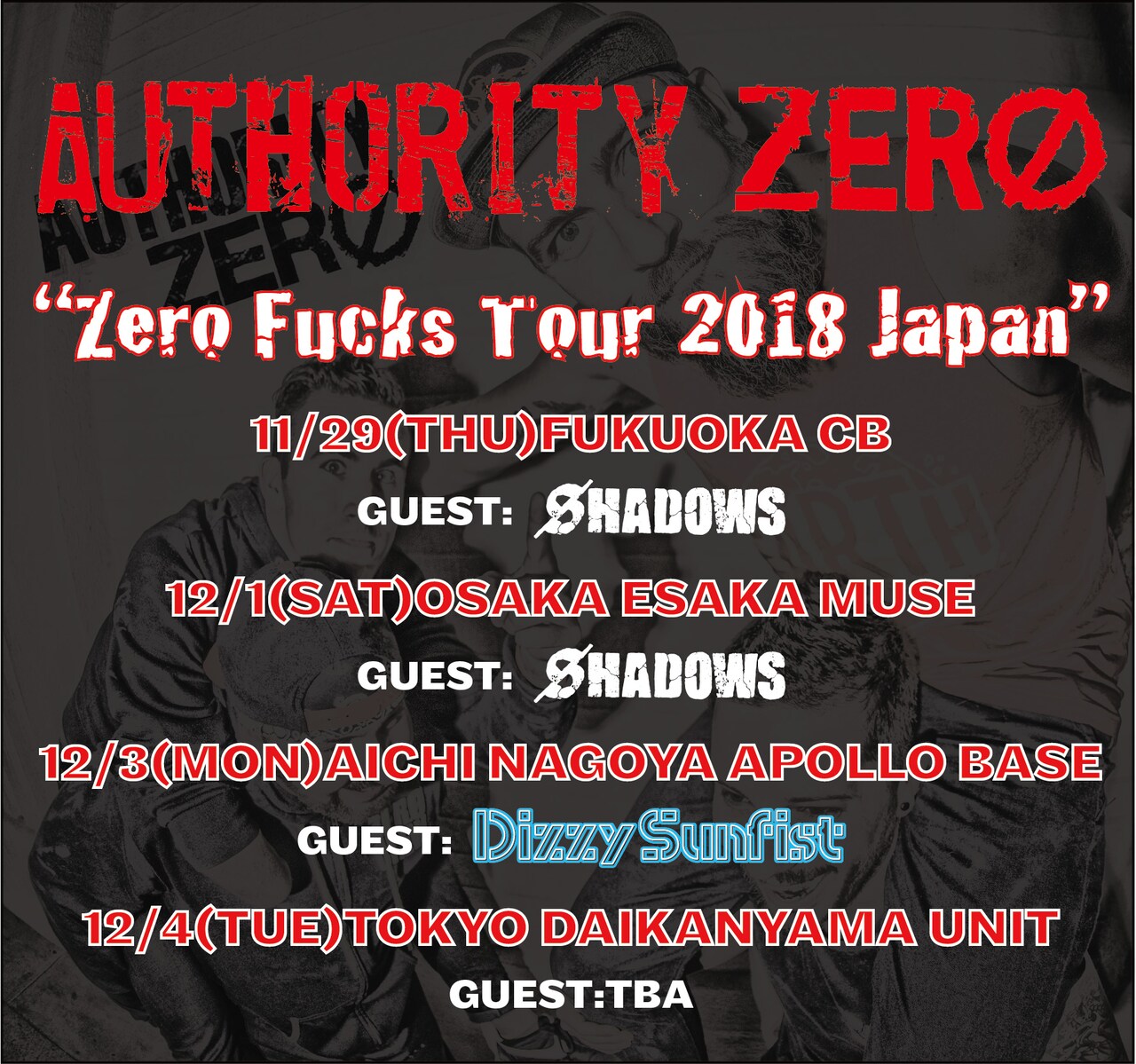 Authority Zero来日ツアーにSHADOWS、Dizzy Sunfist