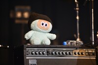 スネオヘアーのギターアンプの上に座ったたぬきゅん。