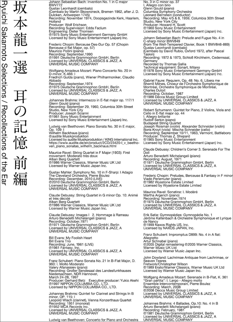 V.A.「坂本龍一 選 耳の記憶 前編 Ryuichi Sakamoto Selections / Recollections of the Ear」ジャケット