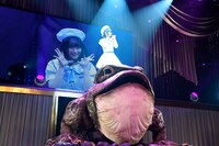 カエルのオブジェの上で「永遠プレッシャー」を歌う矢作萌夏。(c)AKS