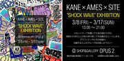 SITEも参加する展覧会「KANE×AMES×SITE "SHOCK WAVE" EXHIBITION」のフライヤー。2019年3月8日（金）から3月17日（日）にかけて神奈川・SHOP & GALLERY OPUS 2にて開催。