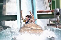 「フリュームライド」に乗って登場する辻野かなみ、坂井仁香、藤本ばんび。