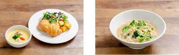 「ユースケのつけパンプレート」と「タクヤのささみとブロッコリーの豆乳うどん」。