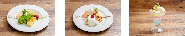左から「カイの抹茶アイス＆チーズケーキプレート」「タカシのショートケーキ風デザートプレート」「超特急パフェ」。