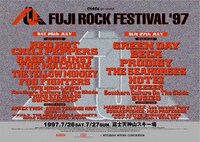 1回目の「FUJI ROCK FESTIVAL」のポスター。台風直撃および、多くの日本人にとっては初の野外フェス体験ということもあって大混乱に陥り、2日目は中止に。