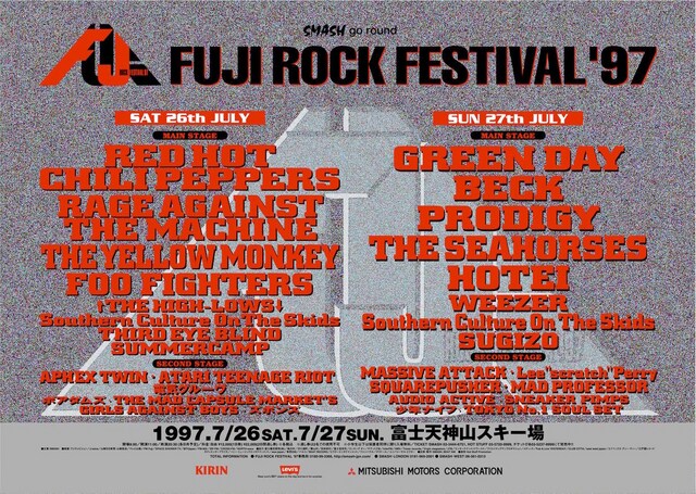 1回目の「FUJI ROCK FESTIVAL」のポスター。台風直撃および、多くの日本人にとっては初の野外フェス体験ということもあって大混乱に陥り、2日目は中止に。