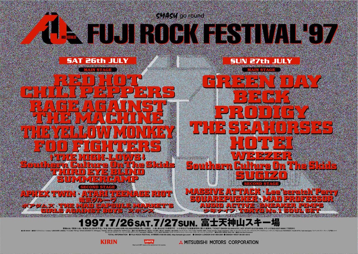 1回目の「FUJI ROCK FESTIVAL」のポスター。台風直撃および、多くの日本人にとっては初の野外フェス体験ということもあって大混乱に陥り、2日目は中止に。
