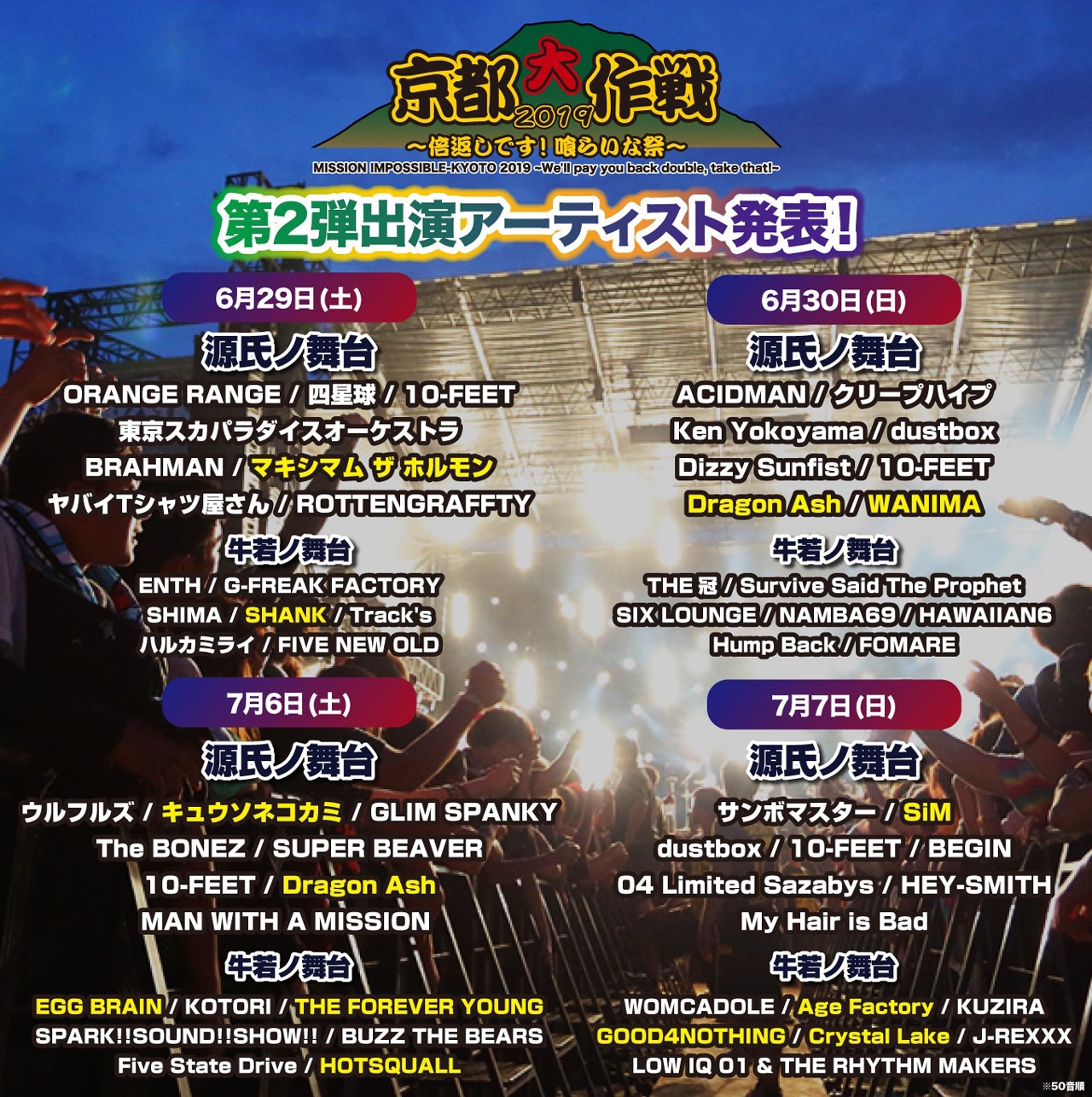 「京都大作戦2019 ～倍返しです！喰らいな祭～」第2弾出演アーティスト発表の告知ビジュアル。