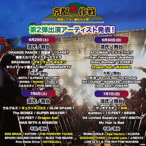 「京都大作戦2019 ~倍返しです!喰らいな祭~」第2弾出演アーティスト発表の告知ビジュアル。