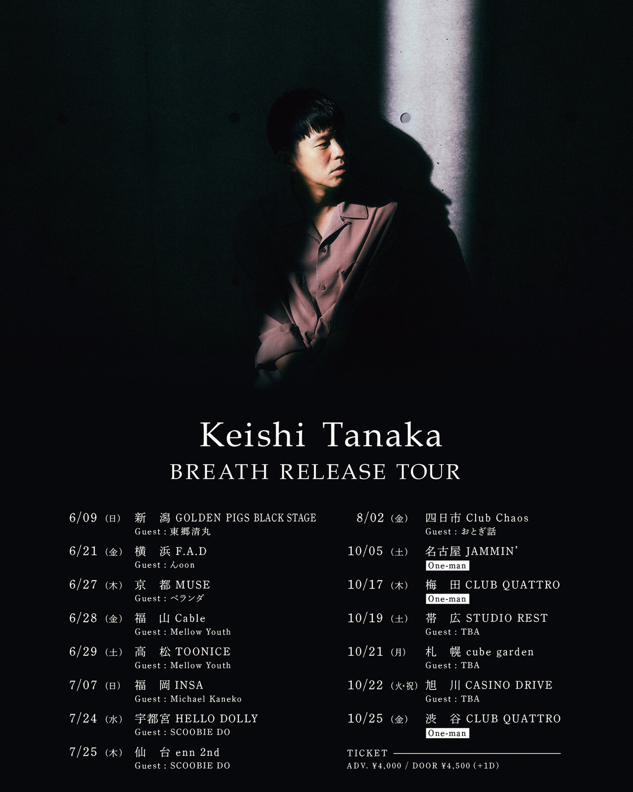 Keishi Tanaka「BREATH」レコ発ツアーにベランダ、Mellow Youth、おとぎ話追加