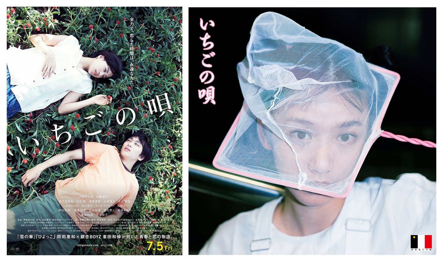 映画「いちごの唄」ポスタービジュアルと銀杏BOYZ「いちごの唄」ジャケット。 (c)2019「いちごの唄」製作委員会