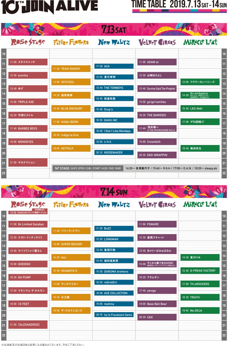 「JOIN ALIVE 2019」タイムテーブル