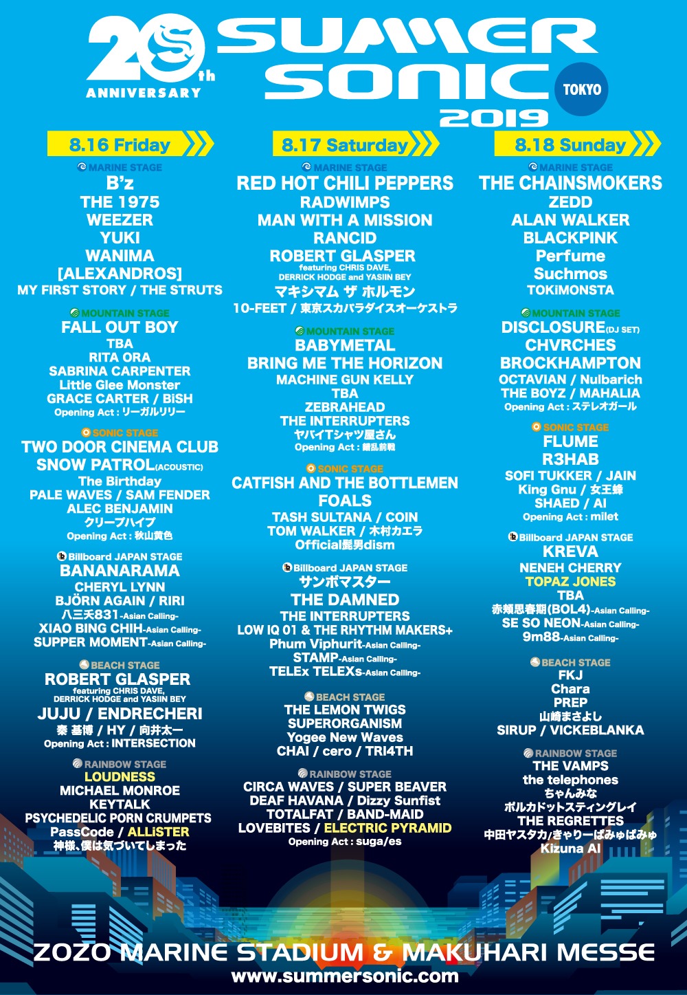 「SUMMER SONIC 2019」幕張公演ラインナップ