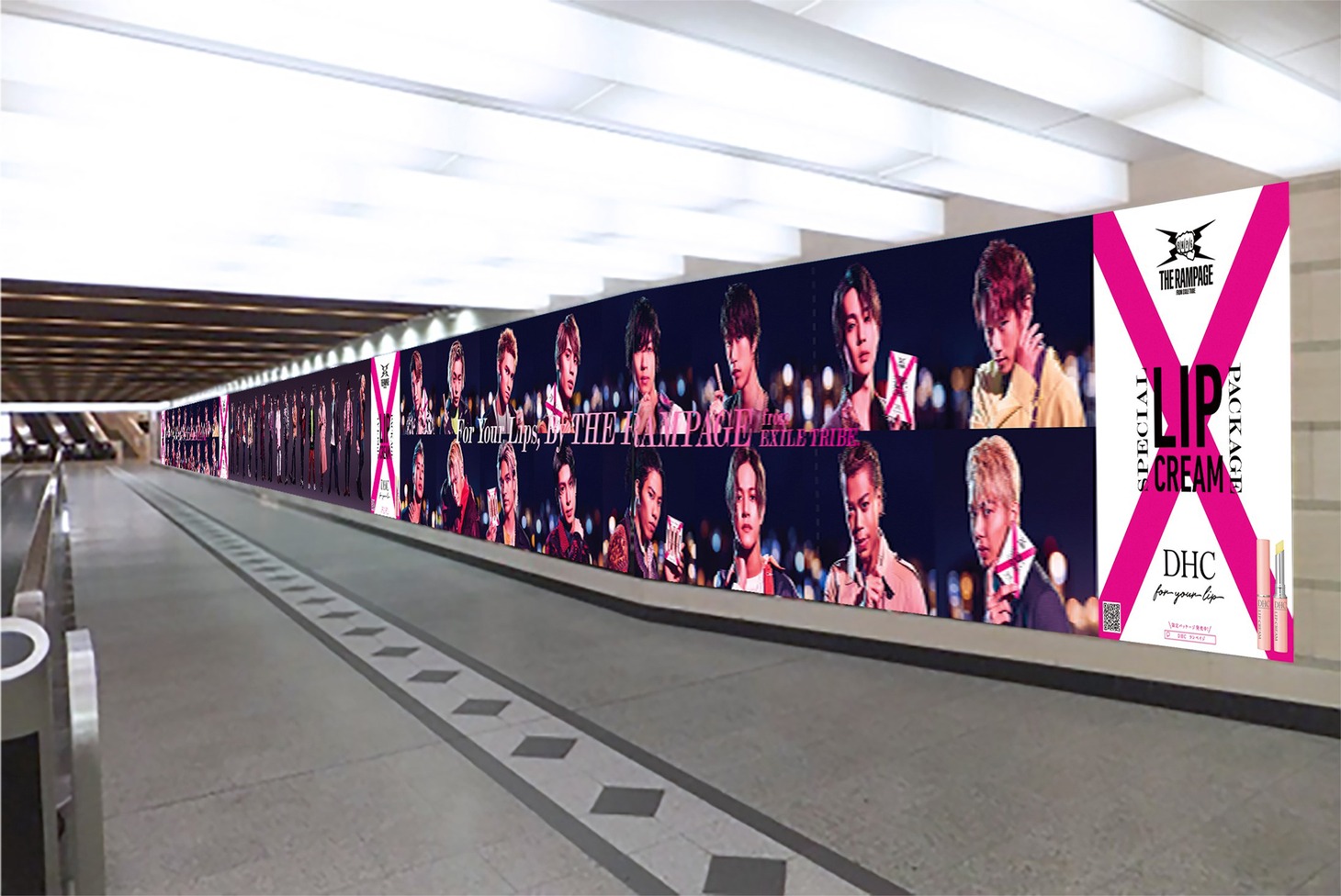 阪急梅田駅の「DHC 薬用 リップクリーム 3本セット［THE RAMPAGE from EXILE TRIBE］」大型交通広告掲出イメージ。