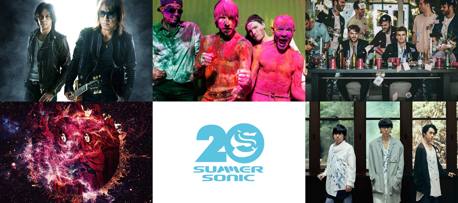 写真左上から時計回りで、B'z、Red Hot Chili Peppers、The Chainsmokers、RADWIMPS、「SUMMER SONIC」ロゴ、BABYMETAL。
