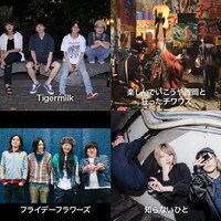 「りんご音楽祭2019」出演アーティスト第6弾。左上から時計回りにTigermilk、楽しんでいこうや西岡と狂ったチワワズ、知らないひと、フライデーフラワーズ。