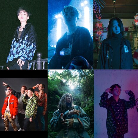 「Spincoaster Presents “SPIN.DISCOVERY vol.12”-WALL&WALL 3rd ANNIVERSARY-」出演者。上段左からKvi Baba、LEX、釈迦坊主。下段左からTajyusaim Boyz、vividboooy、YUNGYU。