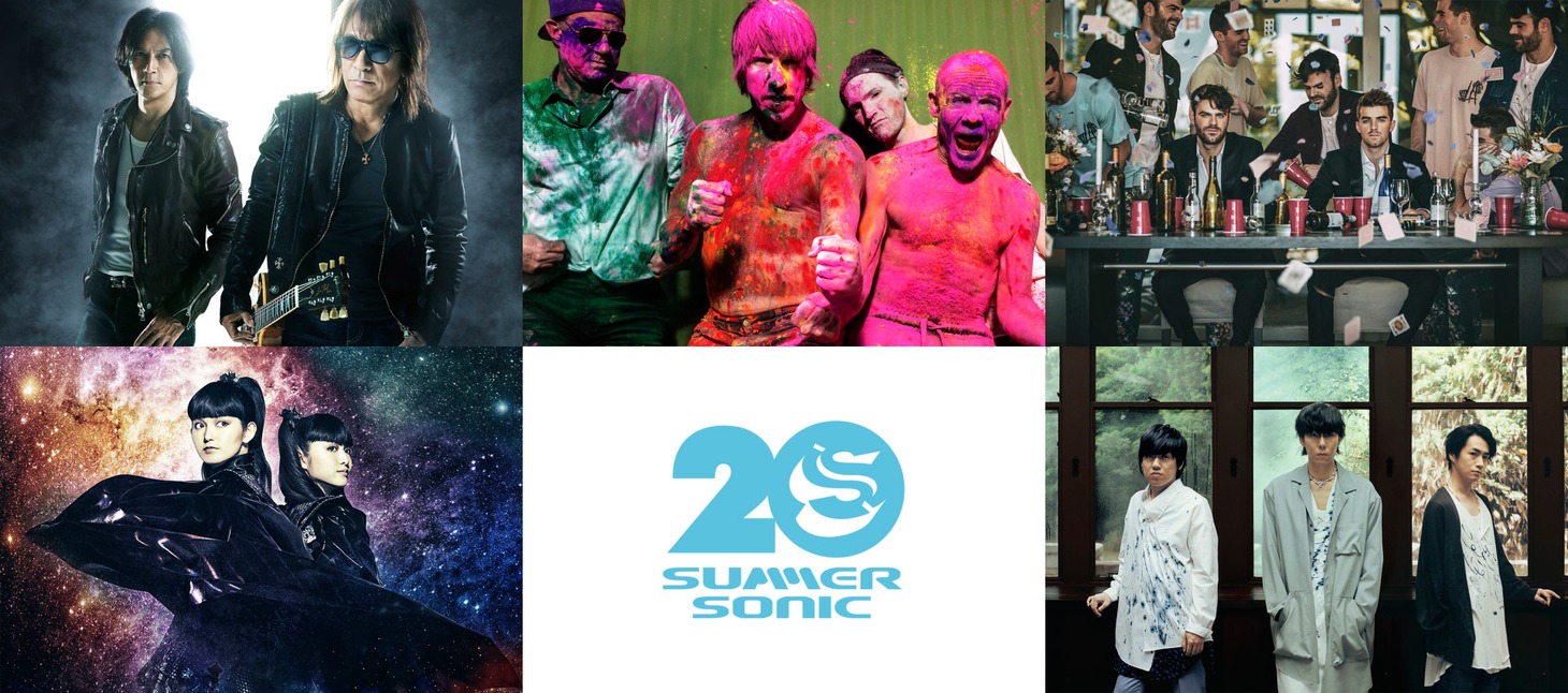 写真左上から時計回りで、B'z、Red Hot Chili Peppers、The Chainsmokers、RADWIMPS、「SUMMER SONIC」ロゴ、BABYMETAL。