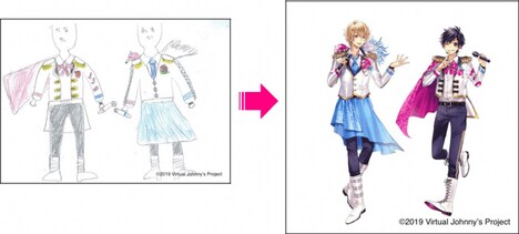 海堂飛鳥による衣装デザイン画（左）と、実際のステージ衣装（右）。